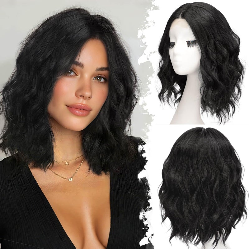 Eawwii Black Short Wavy Wig for Women Lace Hairline Bob Style Synthetic Heat Resistant - Natural Appearance for Everyday Hairstyle 14 Inch - Image 1