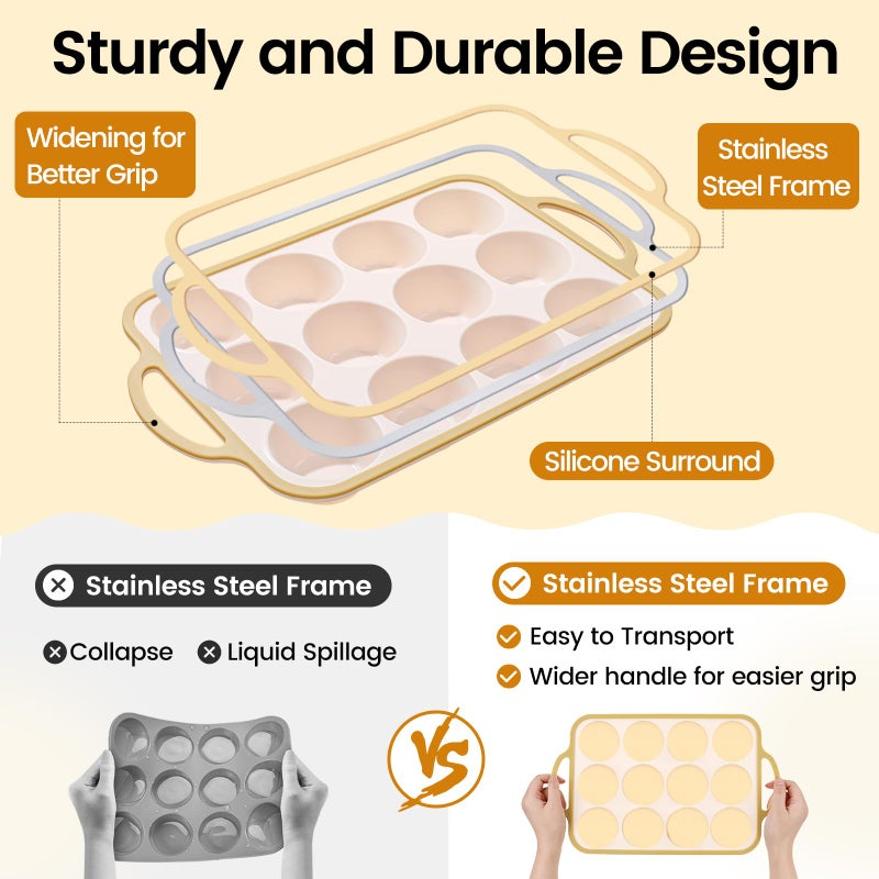 Fimary Silicone Muffin Pans for Baking 2 Pack, 2.6 Inch with Metal Reinforced Frame, Regular Size Nonstick Cupcake Pan 12 Cups for Baking Homemade Muffins, Dishwasher Safe BPA Free-Light Yellow - Image 4