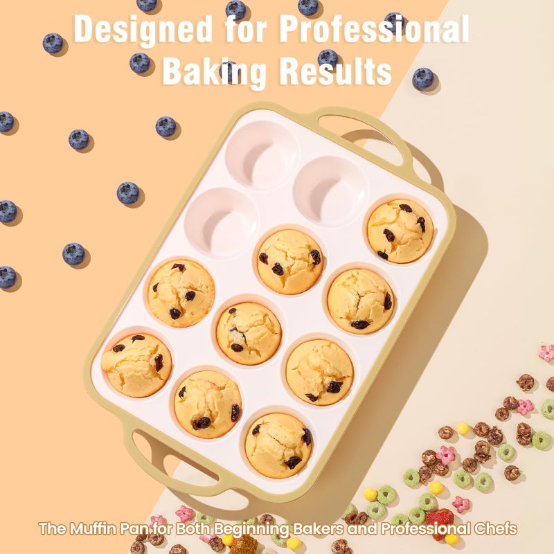 Fimary Silicone Muffin Pans for Baking 2 Pack, 2.6 Inch with Metal Reinforced Frame, Regular Size Nonstick Cupcake Pan 12 Cups for Baking Homemade Muffins, Dishwasher Safe BPA Free-Light Yellow - Image 2