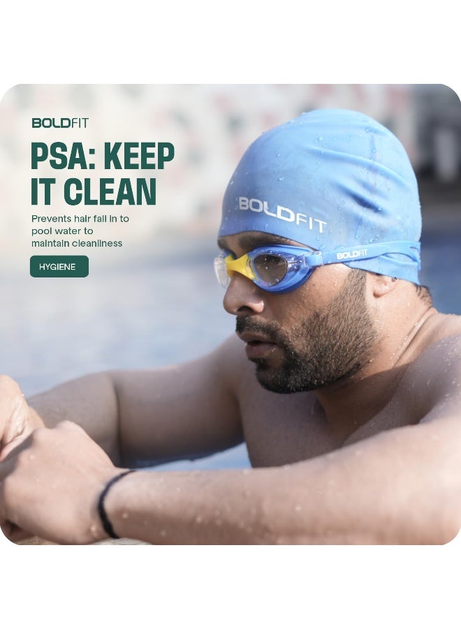 BOLDFIT قبعة السباحة للرجال قبعات السباحة السيليكون للنساء قبعة السباحة للجنسين للأطفال الأولاد والبنات قبعة السباحة للنساء ذوات الشعر الطويل قبعة رأس السباحة للرجال من قماش السيليكون، سهلة التركيب - زرقاء - Image 2