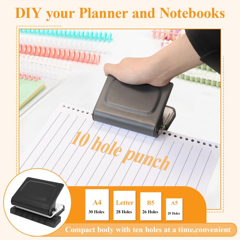 Hoqqf 10 Hole Punch Binding Machine for Planners with 10 Multi-Color Binder Rings,30 Holes on A4,20 Holes on A5,26 Holes on B5,10 Sheet Capacity (Black) - Image 2