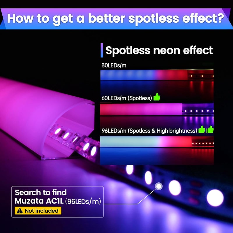 Muzata موزاتا 10 حزمة 66 قدم 2 متر قنوات LED فضية من الألمنيوم بحجم زائد على شكل V مع غطاء أبيض حليبي V101 WW 2M - Image 3
