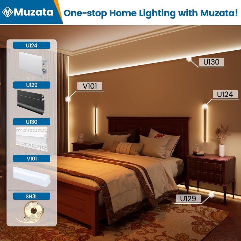 Muzata موزاتا 10 حزمة 66 قدم 2 متر قنوات LED فضية من الألمنيوم بحجم زائد على شكل V مع غطاء أبيض حليبي V101 WW 2M - Image 5