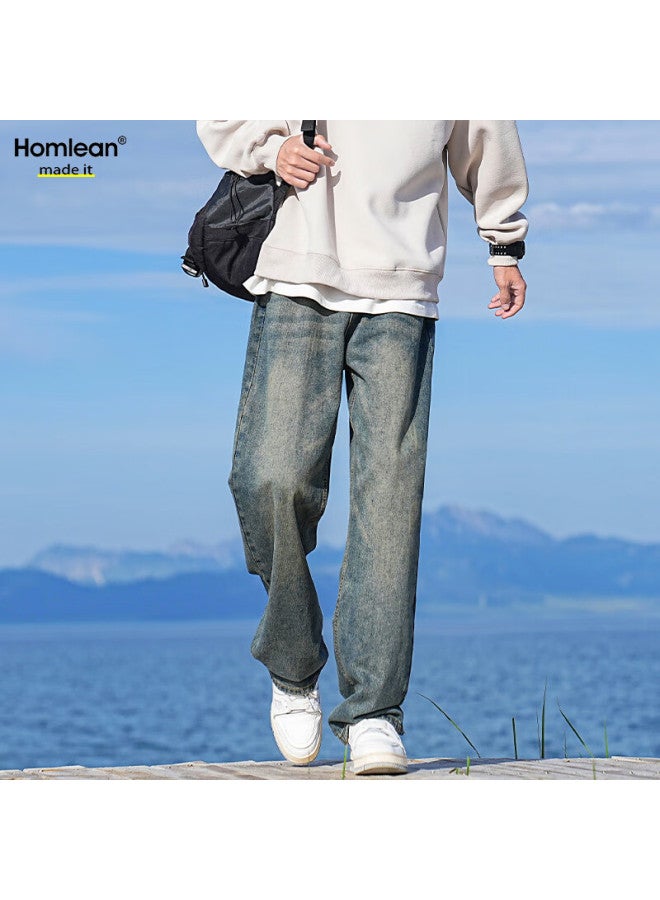 Homlean Street Retro Jeans Men's Spring And Summer Niche Trend American Style All-match Washed Long Pants 05 Light Blue XL - Image 1