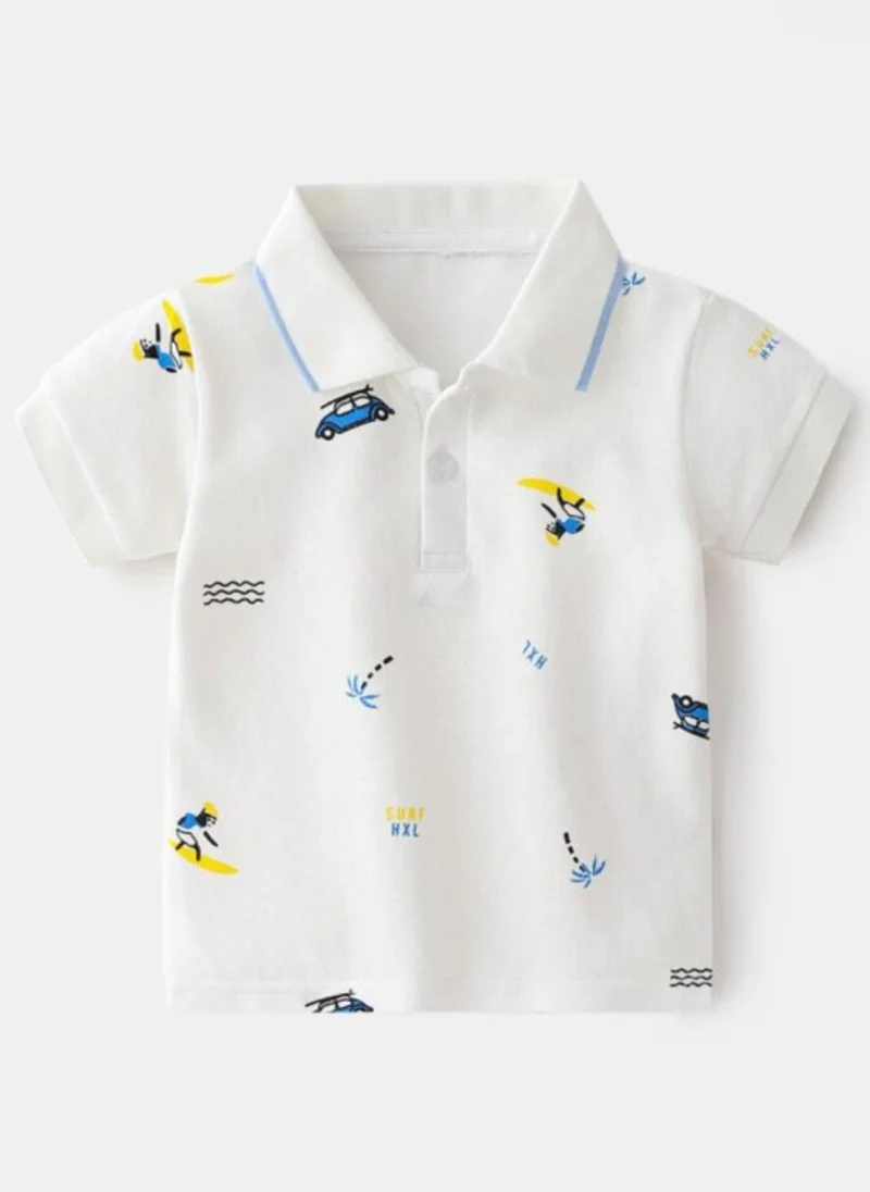 YUNIQEE White Printed Polo Collar Pure Cotton T-shirt