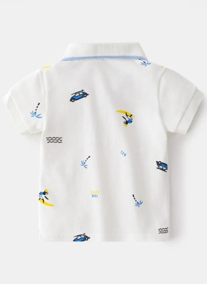 YUNIQEE White Printed Polo Collar Pure Cotton T-shirt