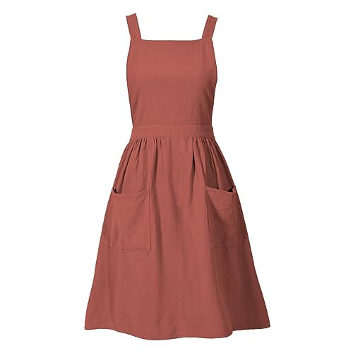 Pinknoke Cotton Linen Pinafore Apron Dress for Women with Pockets Cute Art Chef Aprons for Kitchen Baking Gardening Painting (Burnt orange) - Image 1