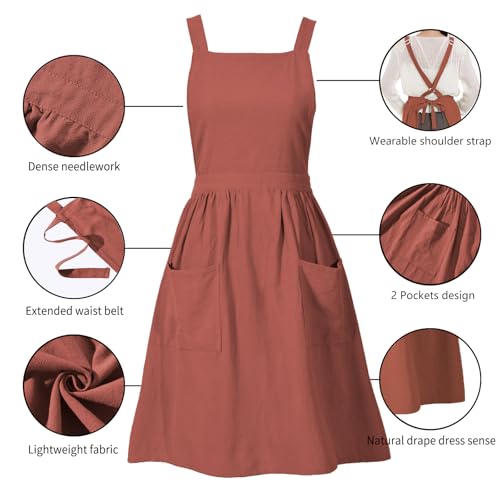Pinknoke Cotton Linen Pinafore Apron Dress for Women with Pockets Cute Art Chef Aprons for Kitchen Baking Gardening Painting (Burnt orange) - Image 5