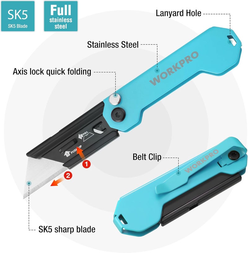 WORKPRO EDC Folding Utility Knife, Mini Box Cutter with Quick Open Axis Lock, Quick Change Blade Razor Knife, Foldable Small Pocket Knife with Belt Clip - Image 3