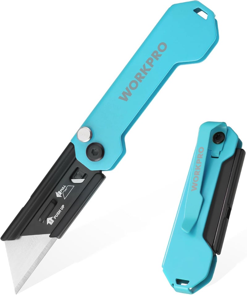 WORKPRO EDC Folding Utility Knife, Mini Box Cutter with Quick Open Axis Lock, Quick Change Blade Razor Knife, Foldable Small Pocket Knife with Belt Clip - Image 1