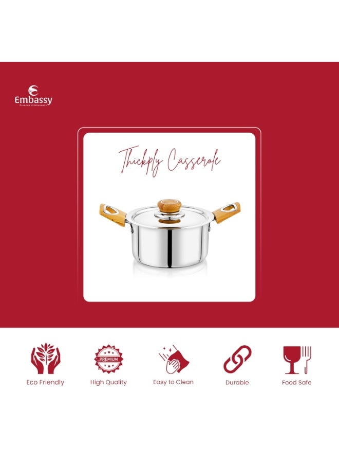 Embassy Stainless Steel Premium Thickply Casserole + Lid Wooden-Finish Handle (Size 12-1500 ml) - Image 2
