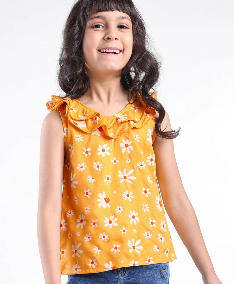babyhug Babyhug Cotton Sleeveless Woven Top With Frills Floral Print - Mustard