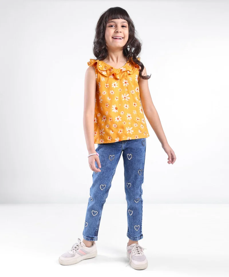babyhug Babyhug Cotton Sleeveless Woven Top With Frills Floral Print - Mustard