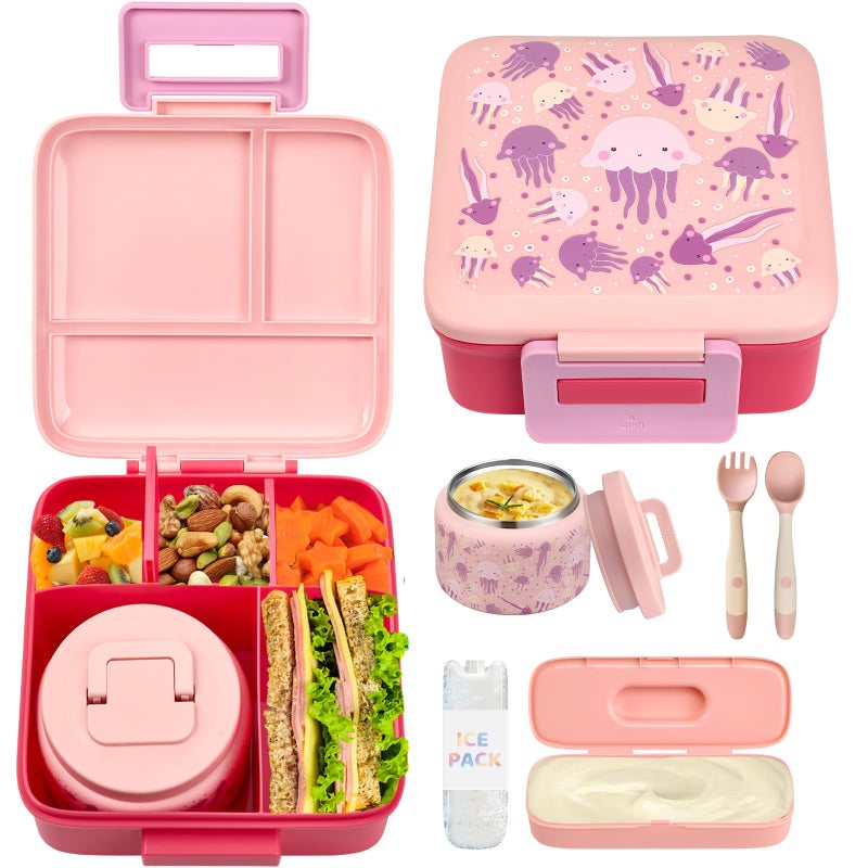 JXXM Bento Lunch Box with 8oz Soup thermo (Pink-Jellyfish) - Image 1