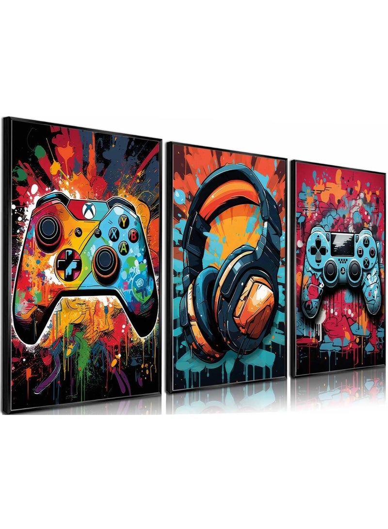 Excefore Gaming Wall Art, Retro Video Game Watercolor Posters, Cool Colorful Neon Gamepad Canvas Painting Prints for Boys Room, Kids Game Room, Bedroom Home Decoration, 12x16in, Unframed, 3Pcs - Image 1