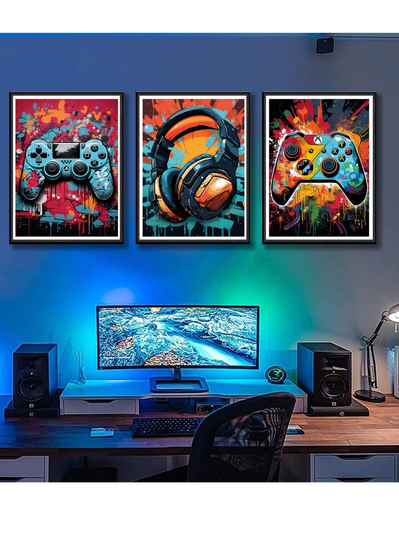 Excefore Gaming Wall Art, Retro Video Game Watercolor Posters, Cool Colorful Neon Gamepad Canvas Painting Prints for Boys Room, Kids Game Room, Bedroom Home Decoration, 12x16in, Unframed, 3Pcs - Image 2