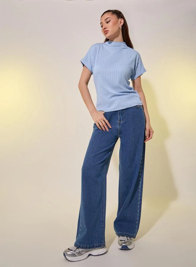 تايك تو Take Two Blue Textured High Neck T-Shirt