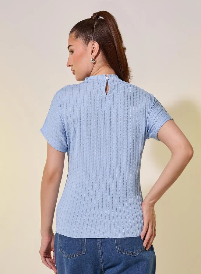 Take Two Take Two Blue Textured High Neck T-Shirt