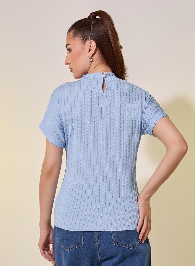 Take Two Blue Textured High Neck T-Shirt - Image 4