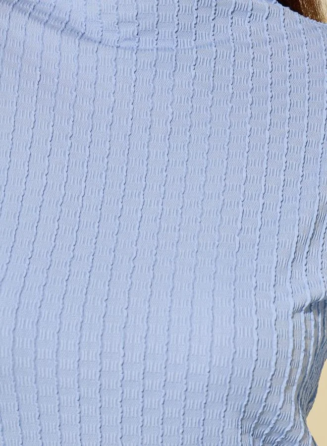 Take Two Take Two Blue Textured High Neck T-Shirt