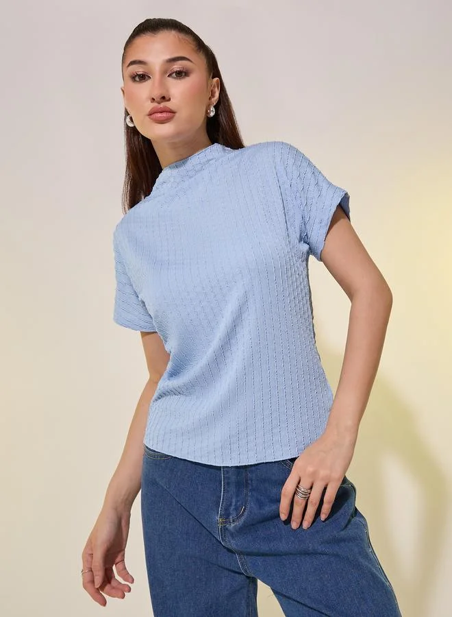 Take Two Blue Textured High Neck T-Shirt