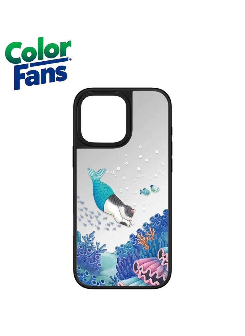 Color Fans - iPhone 13 Pro Cat Mermaid Mirror Phone Case  - Ocean Blue with Coral Highlights - Image 1