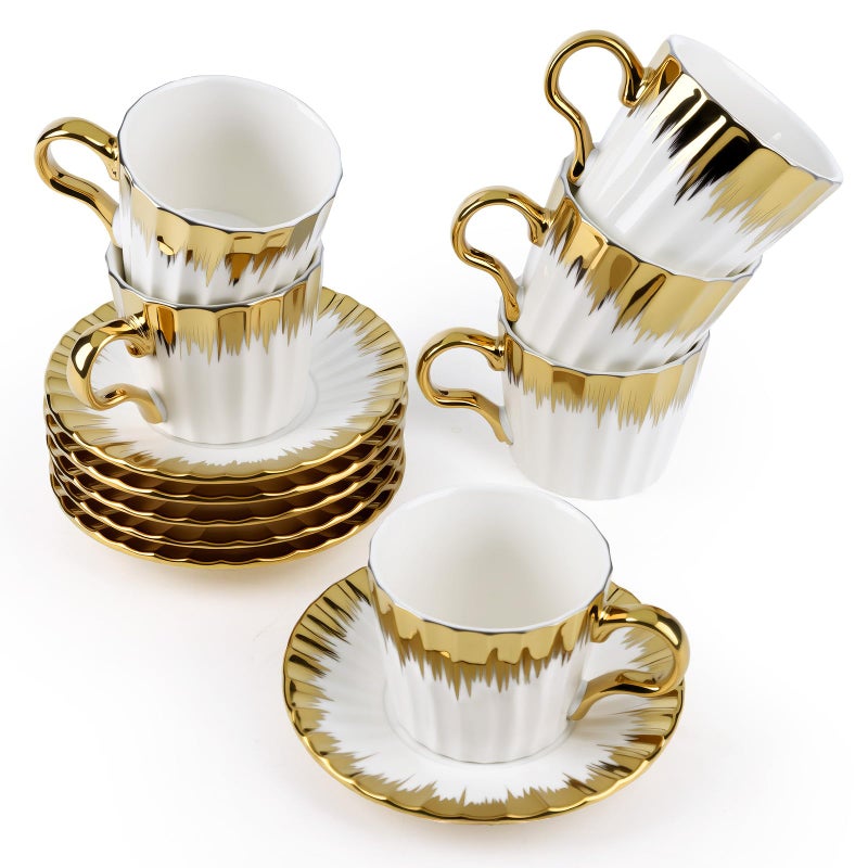 Hebaogugu Coffee Cup Set of 6 with Saucers, 3.5 OZ Ceramic Espresso Cups, Deco Golden Turkish Coffee Cup Gift for Cappuccino, Latte, Cafe Mocha and Tea, Dishwasher & Microwave Safe (Gold Trim) - Image 1