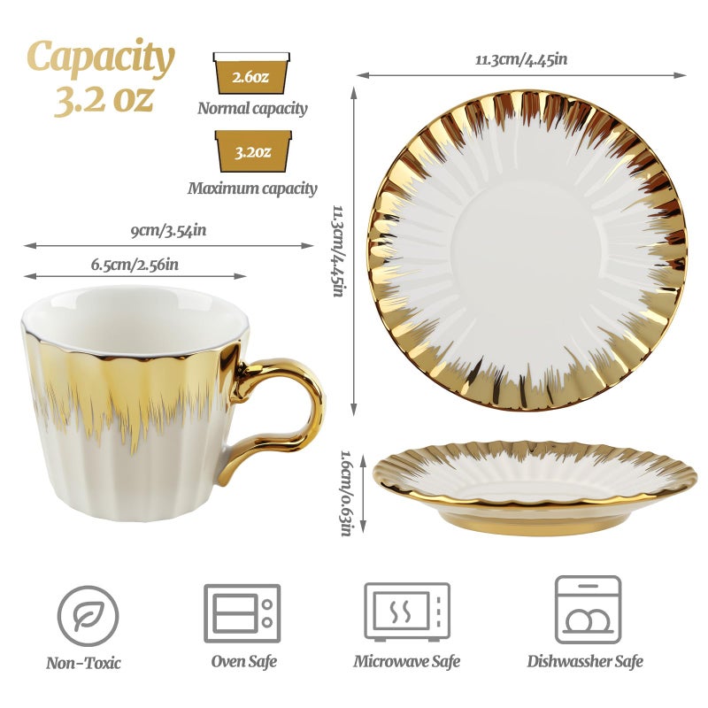 Hebaogugu Coffee Cup Set of 6 with Saucers, 3.5 OZ Ceramic Espresso Cups, Deco Golden Turkish Coffee Cup Gift for Cappuccino, Latte, Cafe Mocha and Tea, Dishwasher & Microwave Safe (Gold Trim) - Image 2
