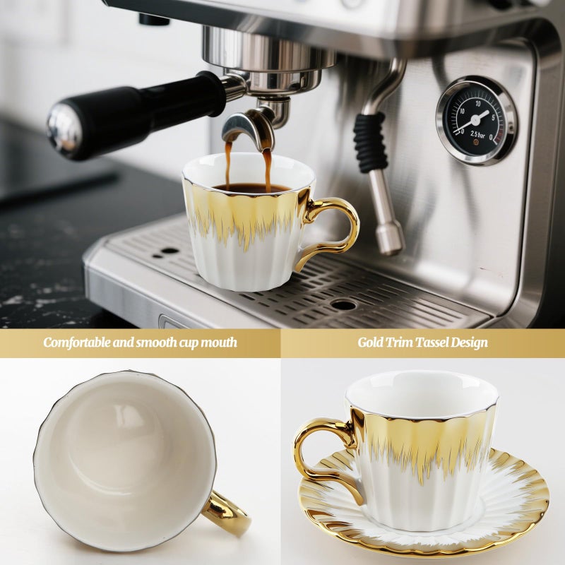 Hebaogugu Coffee Cup Set of 6 with Saucers, 3.5 OZ Ceramic Espresso Cups, Deco Golden Turkish Coffee Cup Gift for Cappuccino, Latte, Cafe Mocha and Tea, Dishwasher & Microwave Safe (Gold Trim) - Image 4