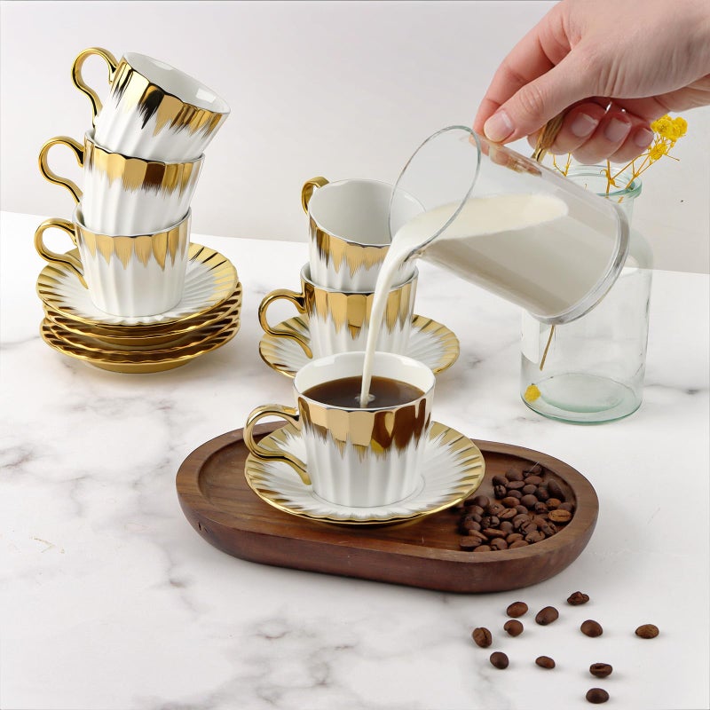 Hebaogugu Coffee Cup Set of 6 with Saucers, 3.5 OZ Ceramic Espresso Cups, Deco Golden Turkish Coffee Cup Gift for Cappuccino, Latte, Cafe Mocha and Tea, Dishwasher & Microwave Safe (Gold Trim) - Image 5