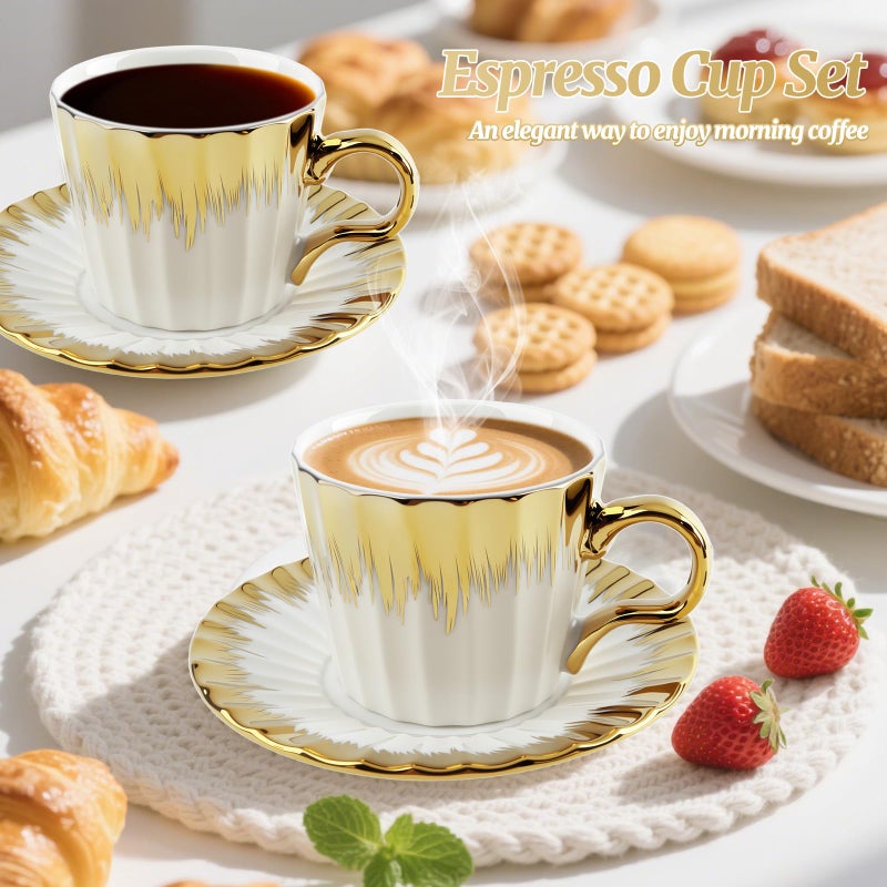 Hebaogugu Coffee Cup Set of 6 with Saucers, 3.5 OZ Ceramic Espresso Cups, Deco Golden Turkish Coffee Cup Gift for Cappuccino, Latte, Cafe Mocha and Tea, Dishwasher & Microwave Safe (Gold Trim) - Image 3