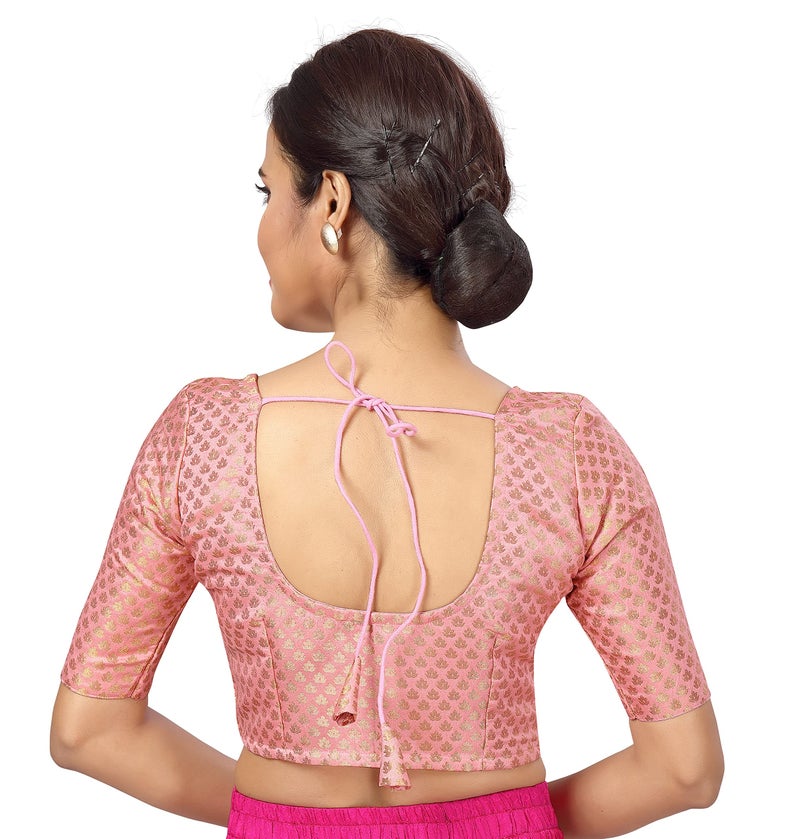 Studio Shringaar Women's Readymade Brocade Saree Blouse with Elbow Length Sleeves (2157-Light Pink, 48) - Image 4