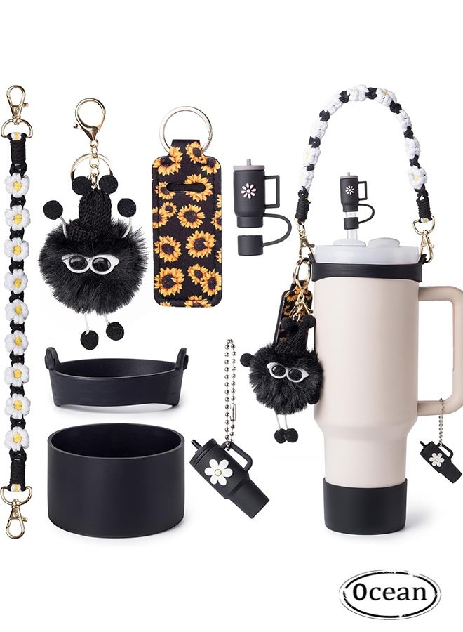 Ocean 7 PCS Cup Accessories Set for Stanley, Water Bottle Handle Strap, Silicone Cup Boot, Lipstick Holder, Keychain Charms&Handle Charms, Straw Topper Accessories for Stanley Cup 40oz&30oz Tumbler (Black)  - Image 1