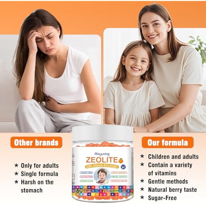 Misyvoing Zeolite for Kids&Adults Supports Cell Restoration,Natural Body Cleanse,Support Digestive Health,Immune System,Improves Focus,Vitamin B12, D3&C, Sugar-Free (60 Count, Compound Orange) - Image 4