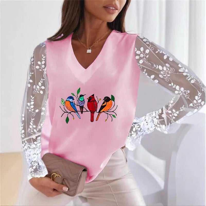 Product Recommendation Wish Bird Print V Neck Lace Sleeve Women's T-Shirt Bottoming Shirt - Image 4