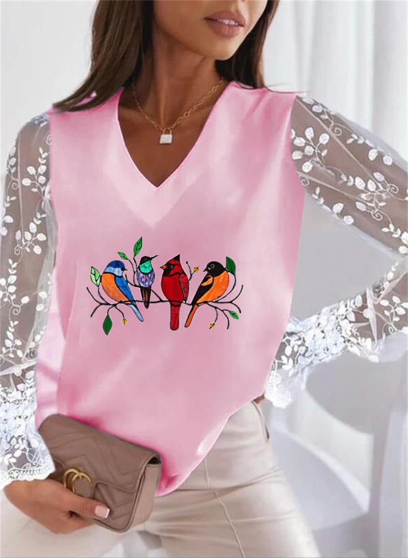 Product Recommendation Wish Bird Print V Neck Lace Sleeve Women's T-Shirt Bottoming Shirt - Image 1