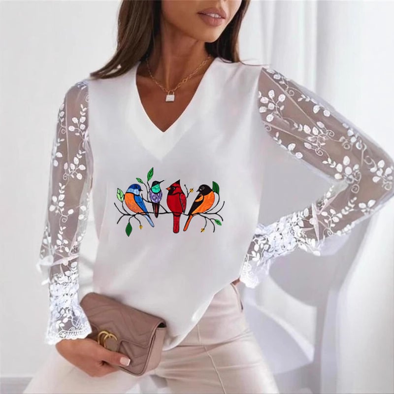 Product Recommendation Wish Bird Print V Neck Lace Sleeve Women's T-Shirt Bottoming Shirt - Image 3