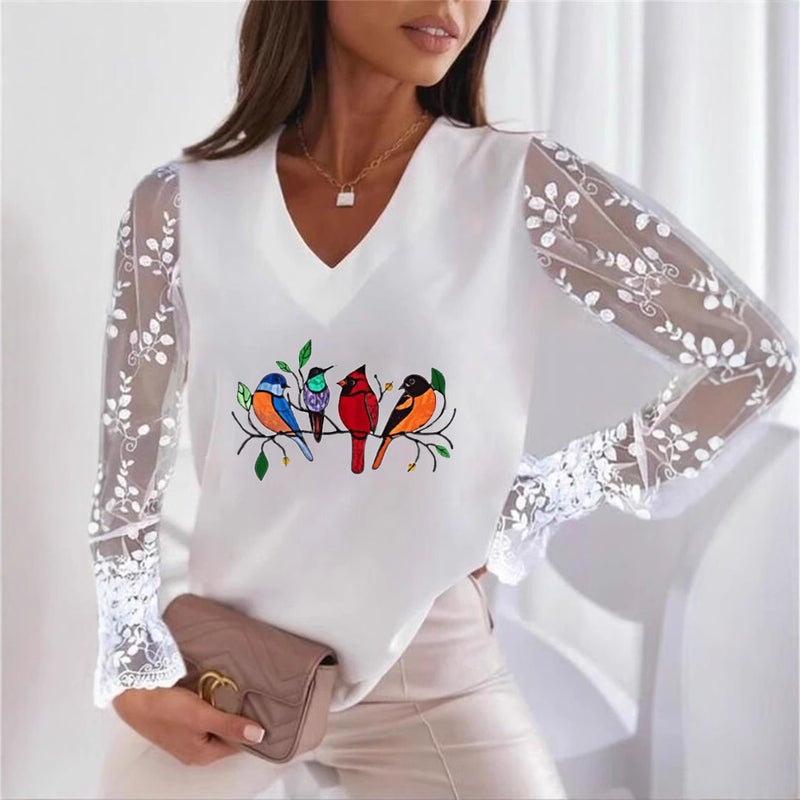 Product Recommendation Wish Bird Print V Neck Lace Sleeve Women's T-Shirt Bottoming Shirt - Image 5