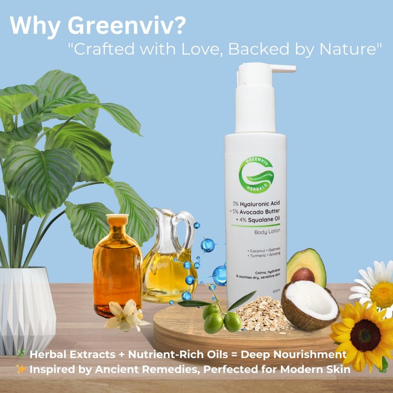 Greenviv لوشن الجسم هيدرو رستور وكالم من غرينفيف 3% حمض الهيالورونيك + 5% زبدة الأفوكادو + 4% زيت السكوالين | تغذية عميقة ودعم للحاجز للبشرة الجافة والحساسة والمعرضة للإكزيما | 200 مل - Image 4