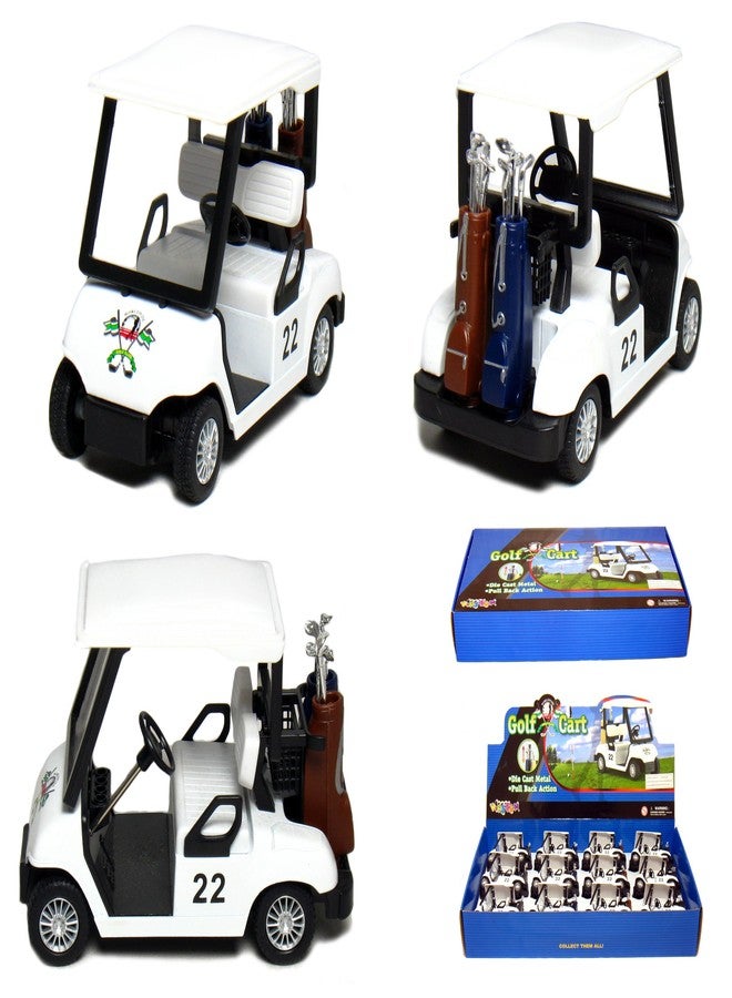 كينس فان علبة تحتوي على 12 عربة غولف بيضاء، مصنوعة من المعدن المصبوب بطول 4.5 بوصة، مزودة بخاصية السحب للخلف والانطلاق. - Image 1