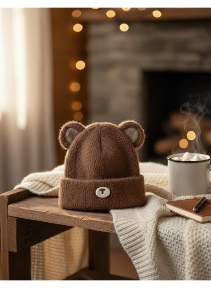 zoba Kids' winter ice cap with a bear design and pop-out ears - a soft and warm mohair hat for boys and girls - available in attractive winter colors (beige, brown, tan) - color chosen randomly - Image 2
