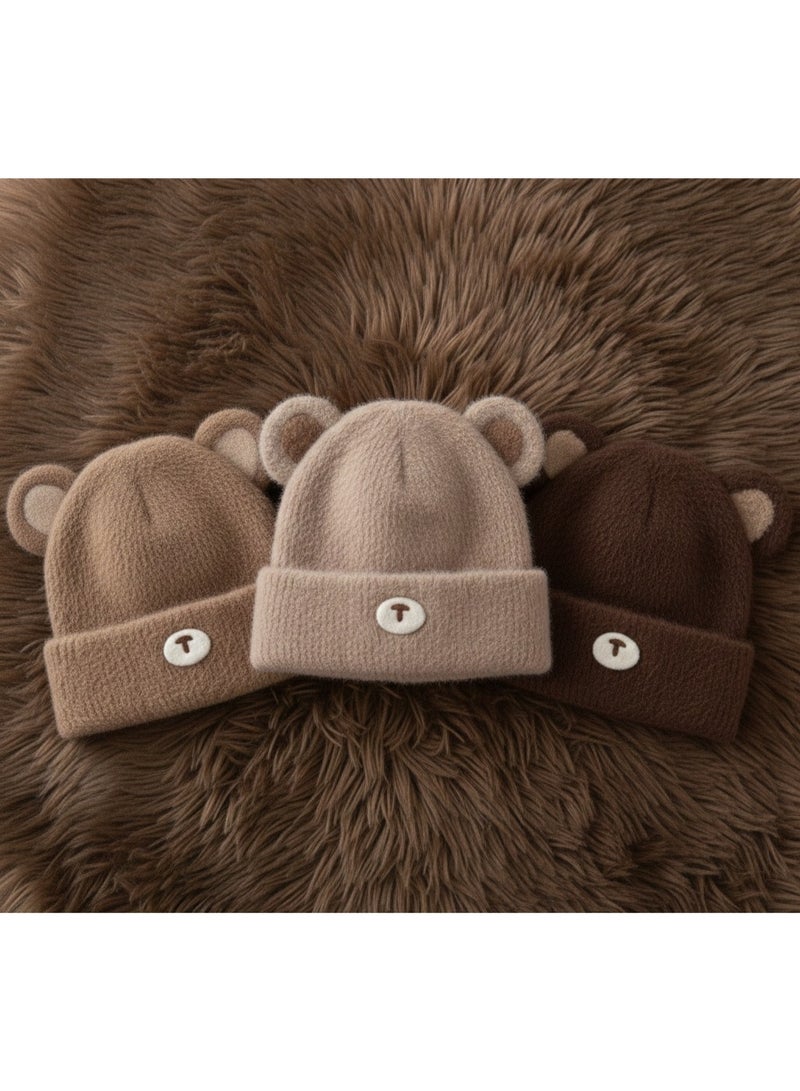 zoba Kids' winter ice cap with a bear design and pop-out ears - a soft and warm mohair hat for boys and girls - available in attractive winter colors (beige, brown, tan) - color chosen randomly - Image 1