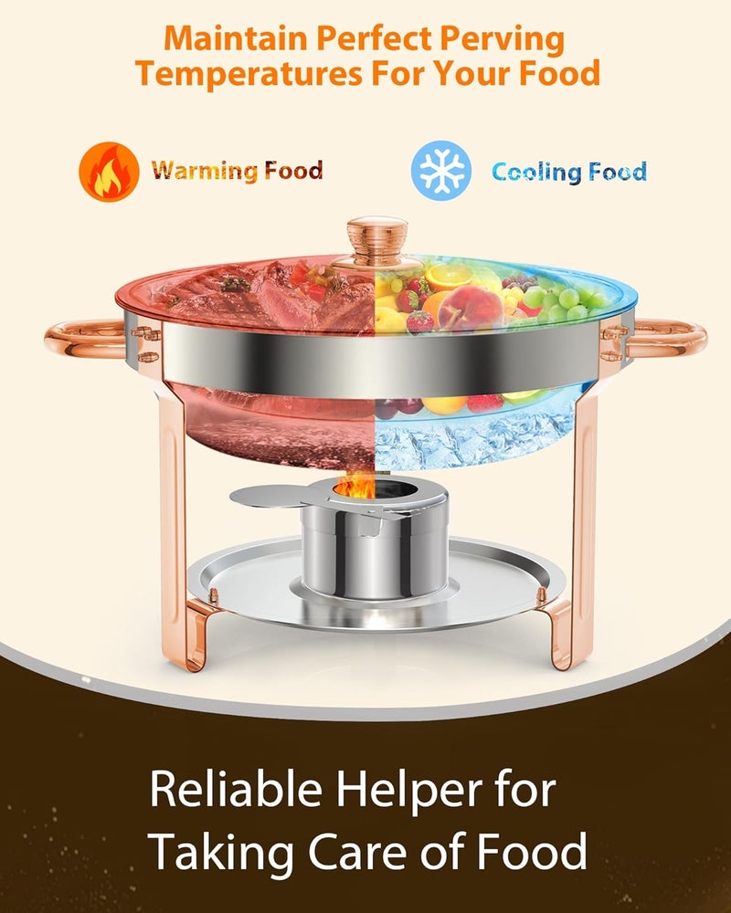 Takywep 5QT 6 Packs Chafing Dish Buffet Set, NSF Round Stainless Steel Chafers and Warmers Food Servers Sets with Lid & Lid Holder, Spoon & Tweezer for Catering Events Parties Weddings Dinners, Rose Gold - Image 4