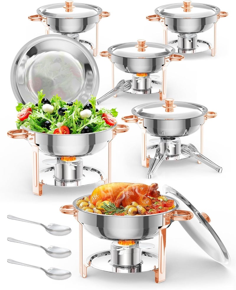 Takywep 5QT 6 Packs Chafing Dish Buffet Set, NSF Round Stainless Steel Chafers and Warmers Food Servers Sets with Lid & Lid Holder, Spoon & Tweezer for Catering Events Parties Weddings Dinners, Rose Gold - Image 1