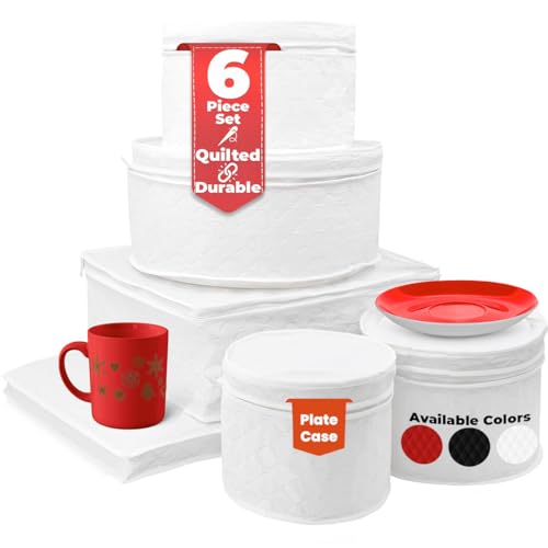 LAMINET 6 Piece Quilted Dinnerware Storage Starter Set - Includes 4 Plate Cases, 1 Cup Case & Platter Case - WHITE - Image 1