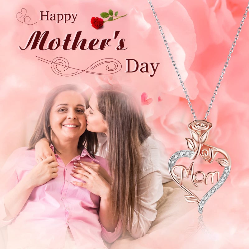 Desimtion Gifts for Mom, Rose Heart Mom Necklaces for Women, Birthday Mothers Day Jewelry from Daughter Son - Image 3