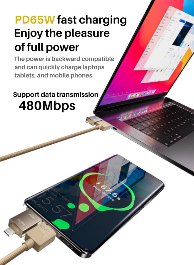 65W Magnetic 4-In-1 Data Cable For Huawei Pd Fast Charge Apple Magnetic Braided Cable Supports 480mbps Data Transmission - Gold - Image 5