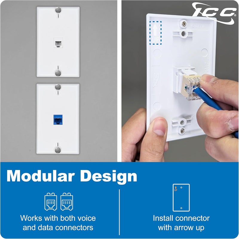 ICC 1-Port Keystone Wall Plate (1 Pack), UL Listed, Durable ABS Plastic with Telephone Hanging Standoffs, Single Gang Wall Plate for RJ45, RJ11/RJ12 6P6C Jack, White - Image 5