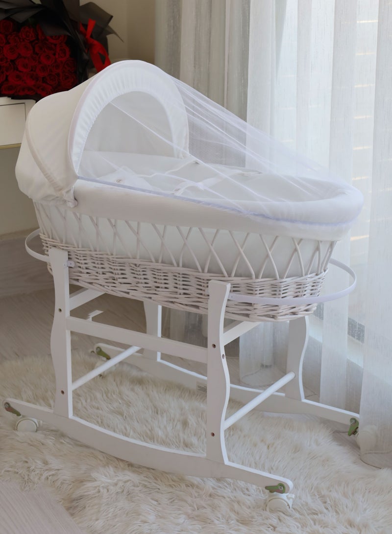 StarKids Baby Moses Basket Cradle With Rocking Stand, White - Image 1