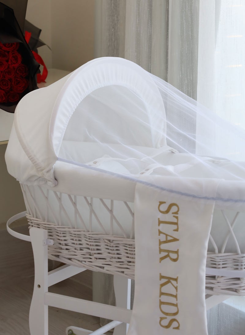 StarKids Baby Moses Basket Cradle With Rocking Stand, White - Image 3
